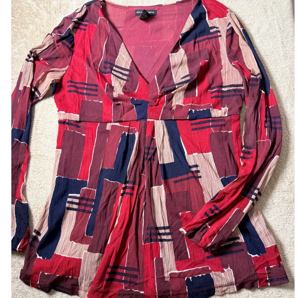 New York & Company Geometric Abstract Empire Waist Babydoll Top y2K Mod Retro